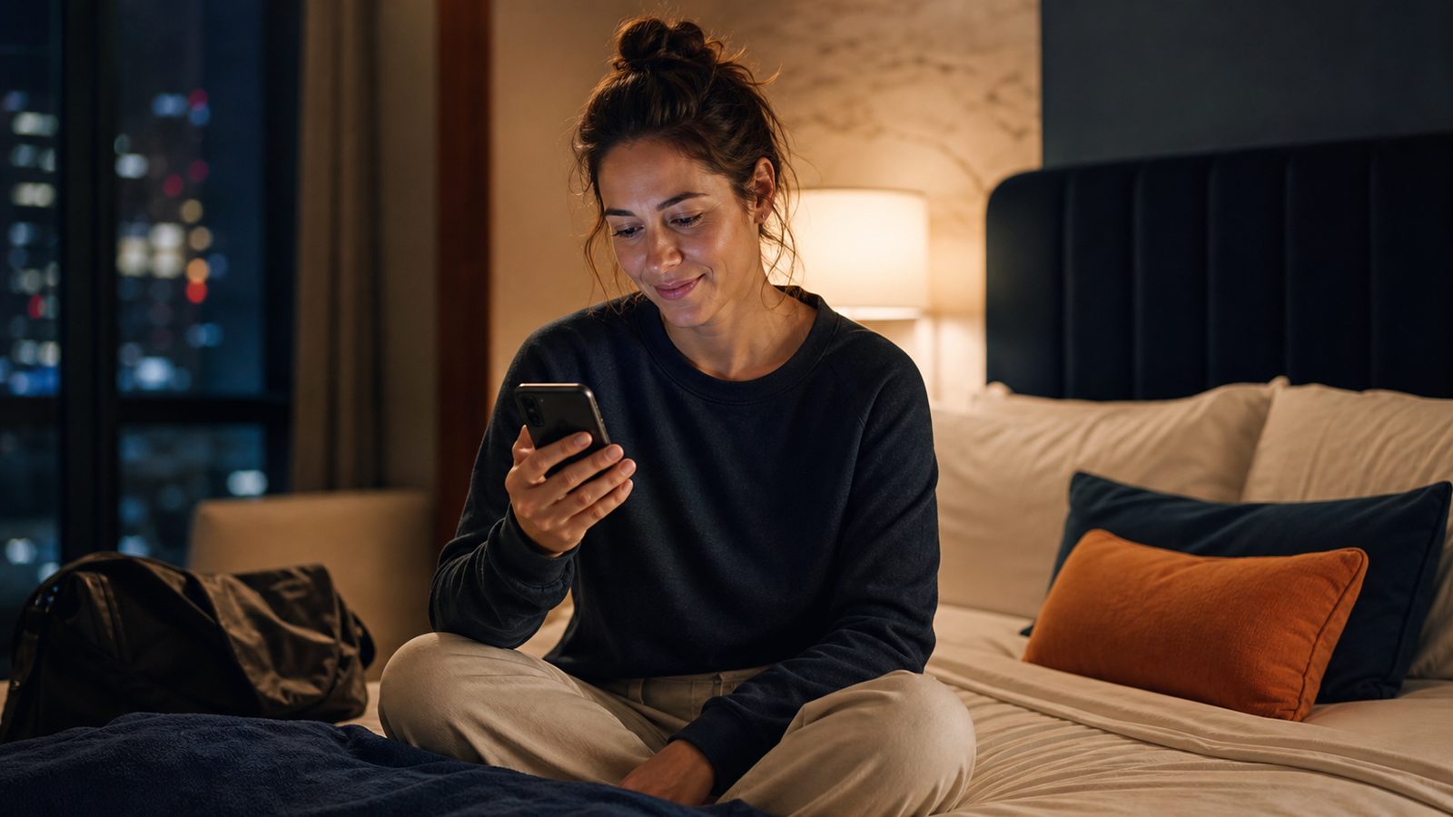 A guest messaging from their phone late at night in a warmly lit hotel room