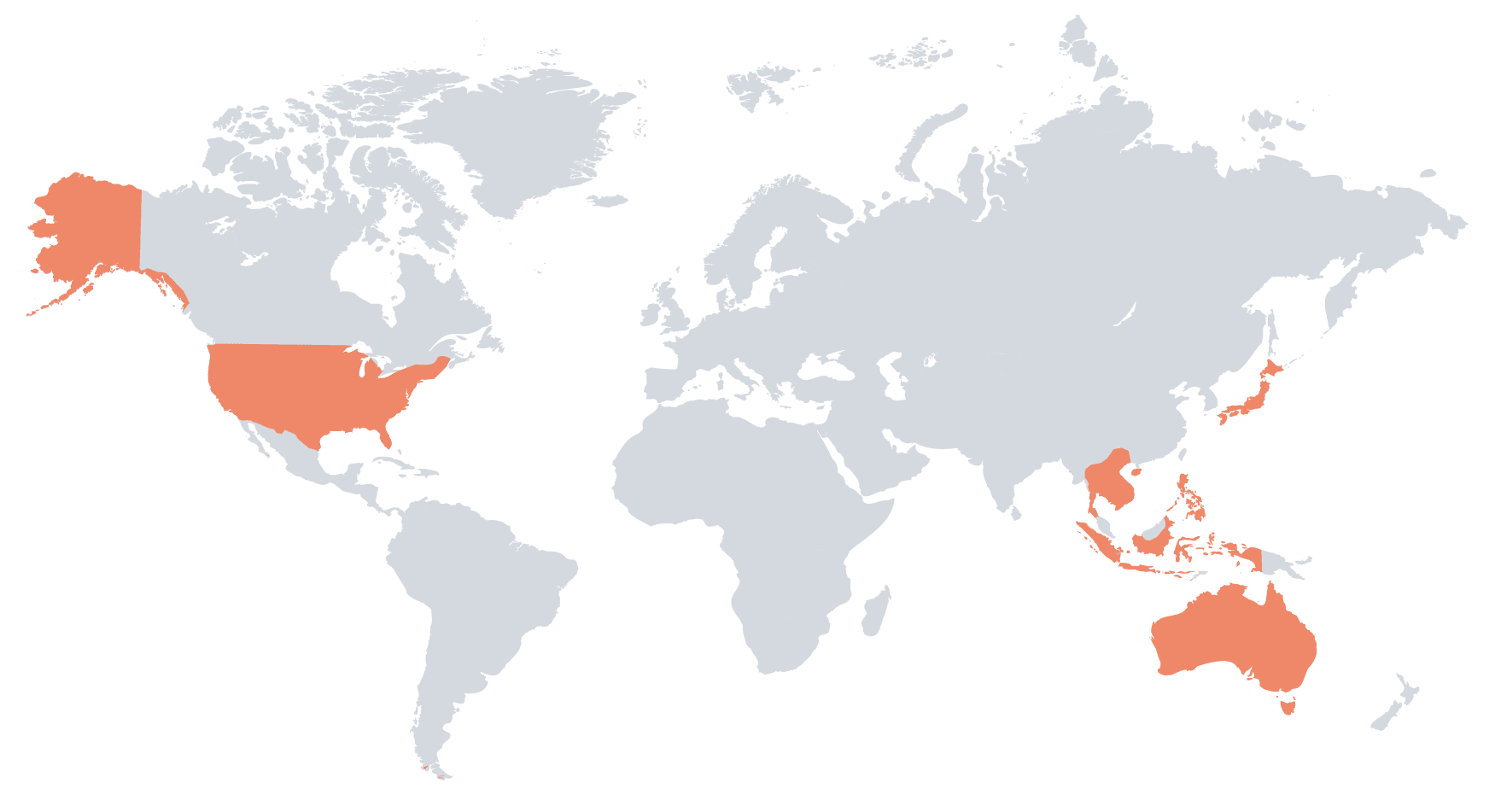 World map with North America, Japan, Southeast Asia, and Australia highlighted, where Nutmeg's customers operate